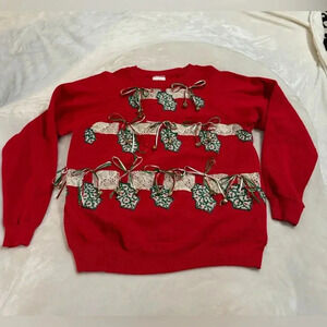 Vintage Hanes Ugly Christmas Sweatshirt Tacky Kitsch Granny Homemade Lace Bells